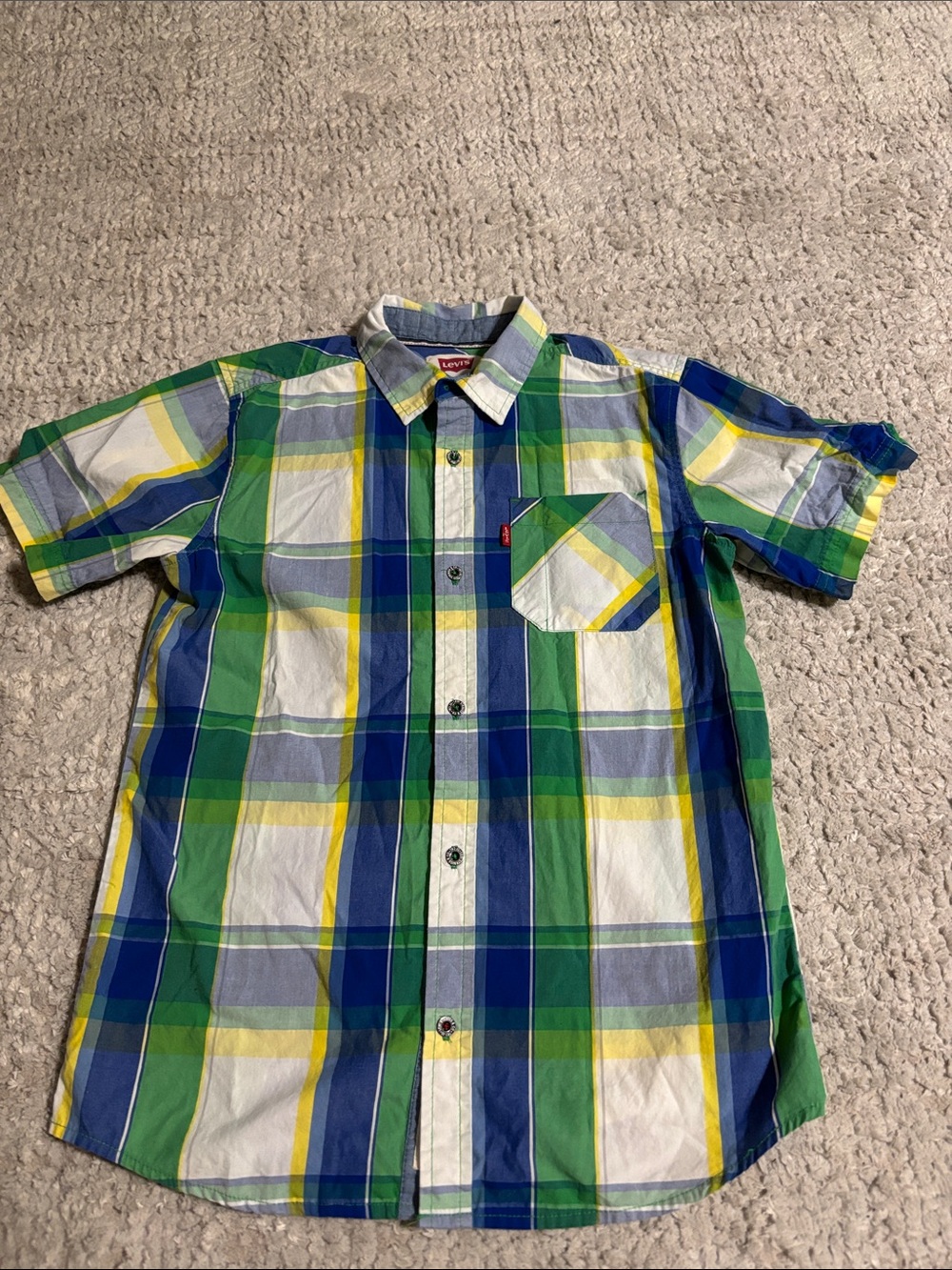 Levi's Boys Short Sleeve Plaid Button-Down - Green Blue Yellow